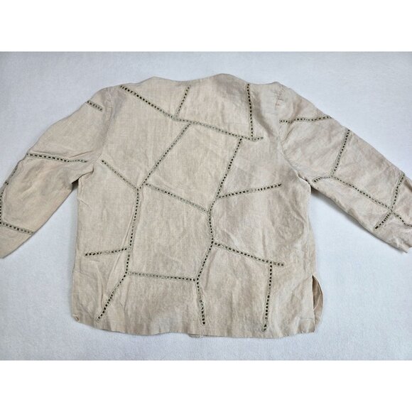 Embroidered Beige Linen Open Front Cardigan Jacket Geometric Cut-Out Detail M - Picture 5 of 6